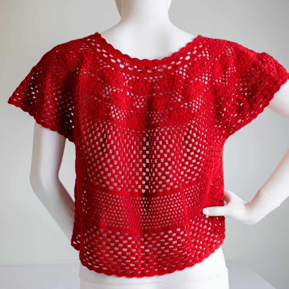 Talbots Hand Knit Red Crochet Button Closure Women’s Short Sleeve Top Size Large - Picture 5 of 11